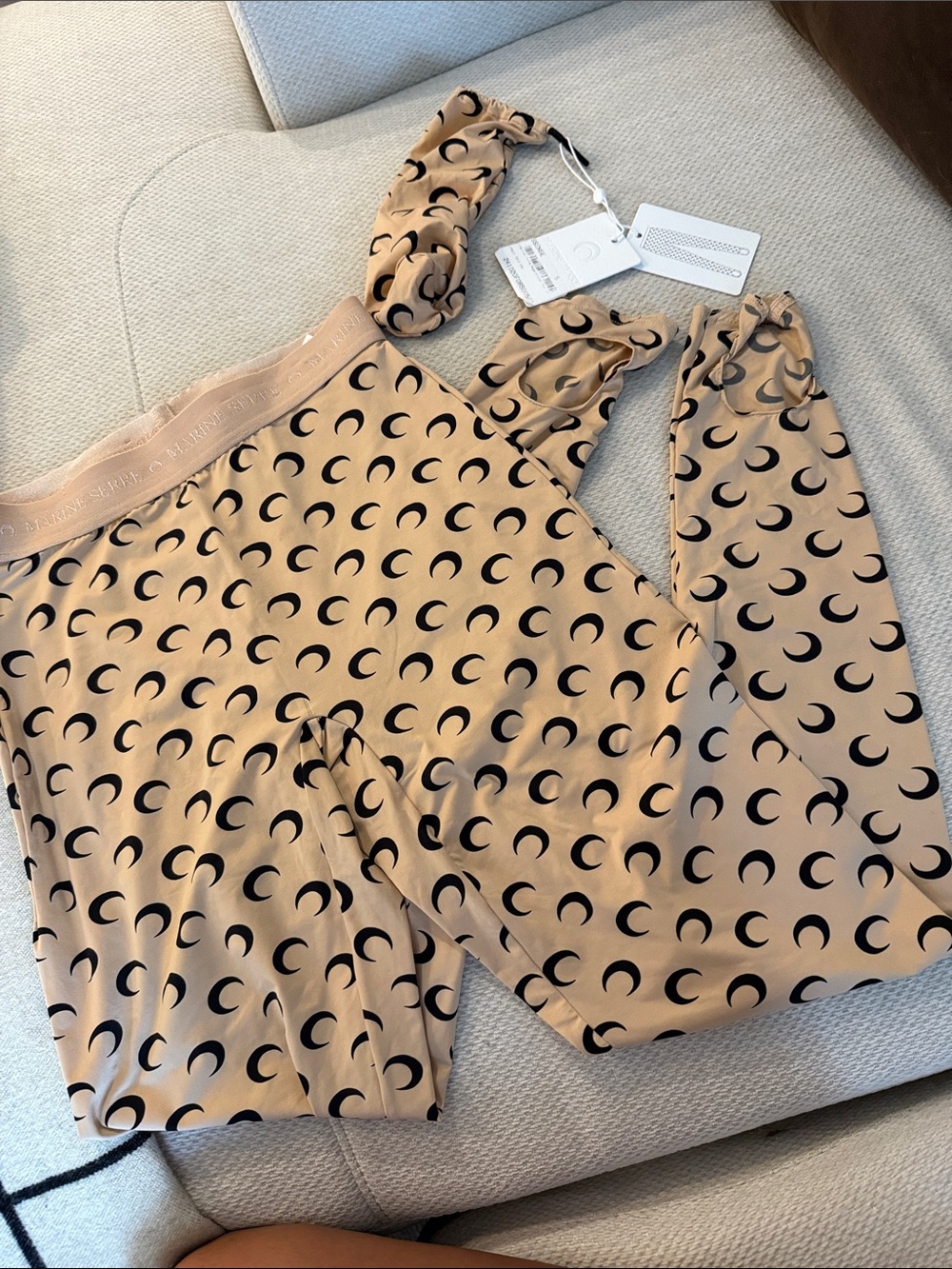 Marine Serre Beige Moon-Print Jumpsuit with Black Crescent Motifs